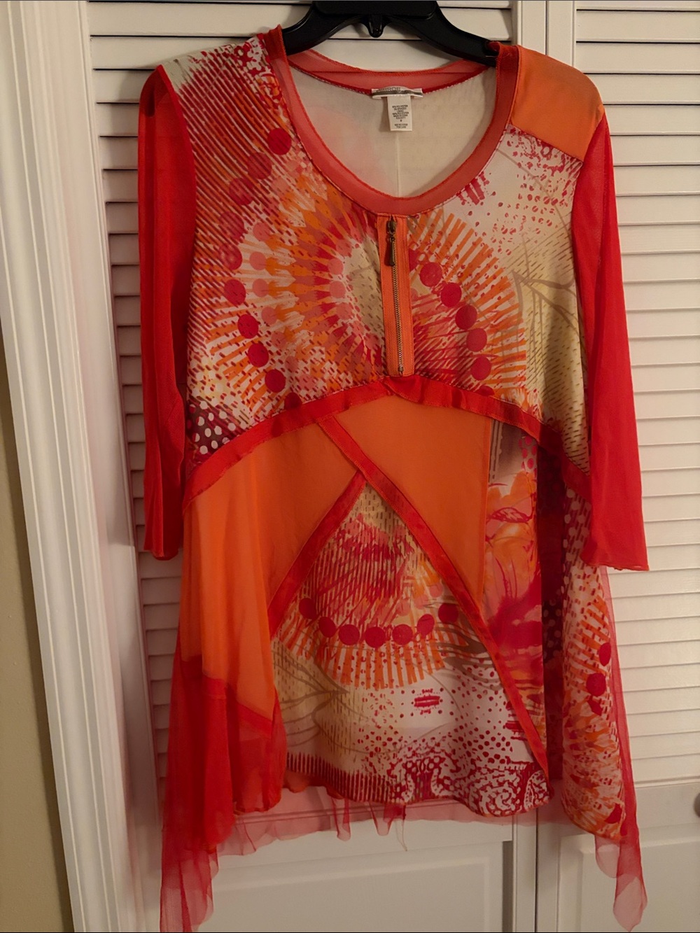 Bright Orange & Coral Printed Women's Tunic with Front Zip